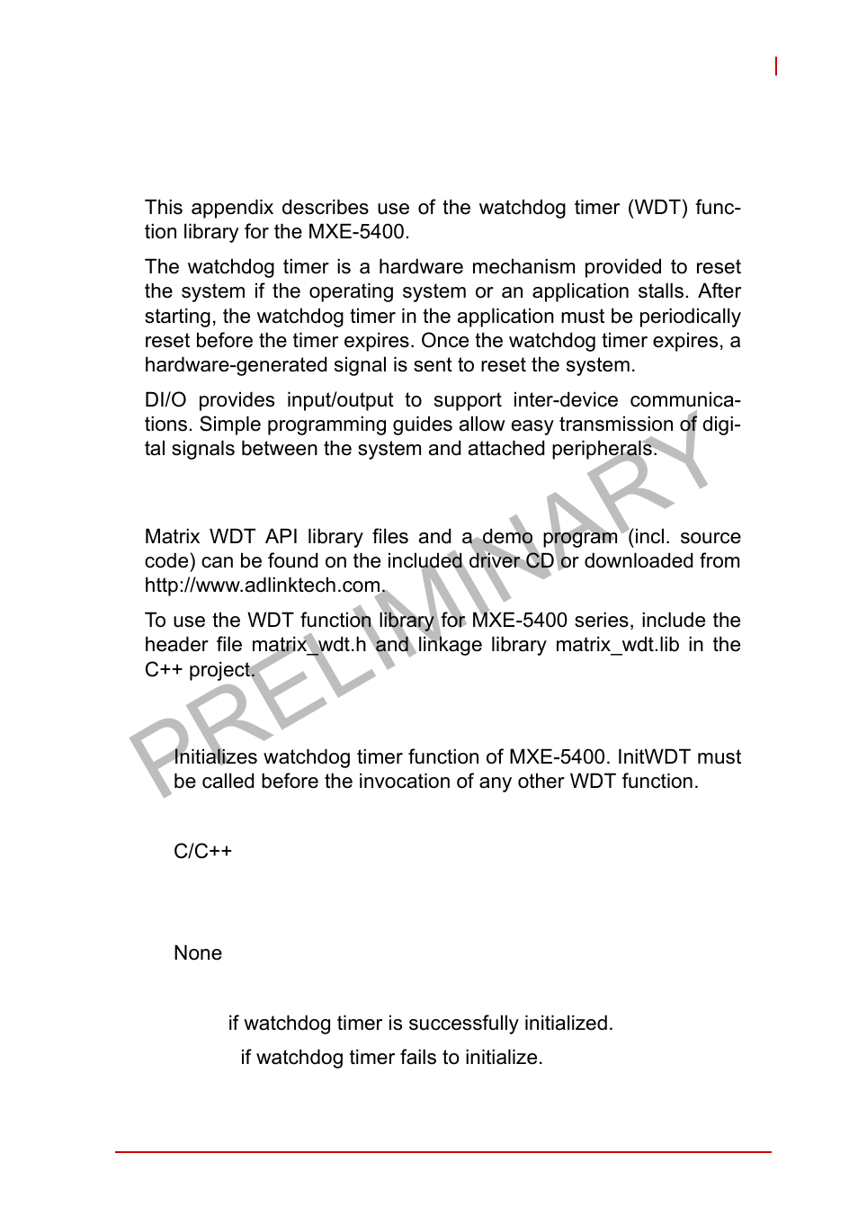 A.1 wdt with api/windows, Initwdt, Preliminary | A appendix: watchdog timer (wdt), Di/o function libraries, Wdt with api/windows | ADLINK MXE-5400 User Manual | Page 59 / 88