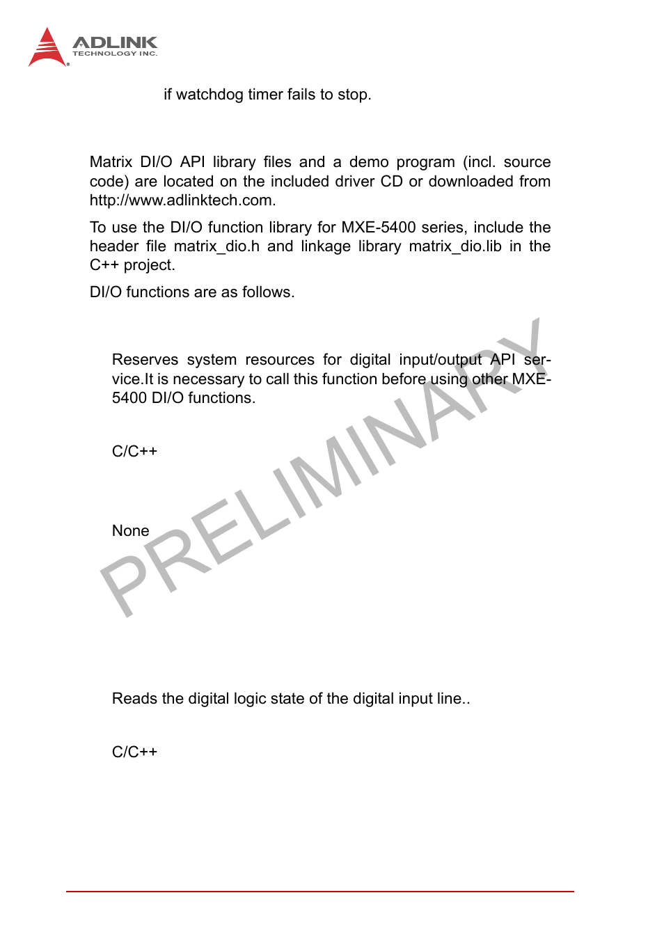 A.2 di/o with api/windows, Gpio_init, Gpi_read() | Di/o with api/windows, Gpio_init gpi_read(), Preliminary | ADLINK MXE-5400 User Manual | Page 62 / 88