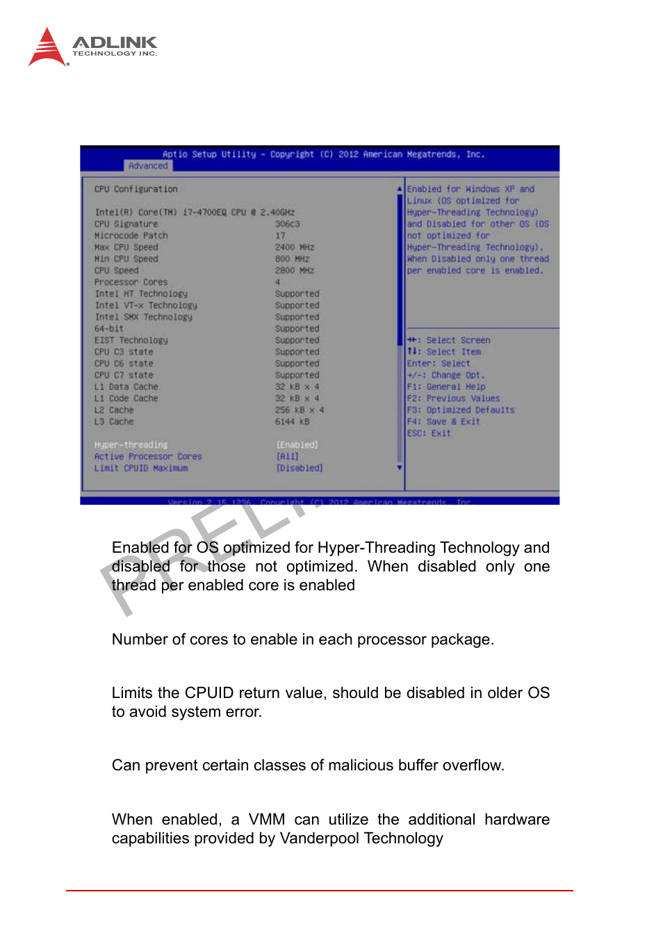 Cpu configuration, Preliminary | ADLINK MXE-5400 User Manual | Page 68 / 88