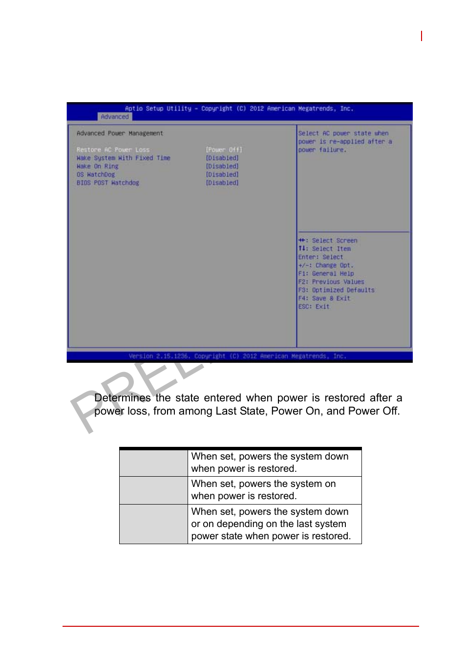 Advanced power management, Table b-1, Restore on power loss settings | Preliminary | ADLINK MXE-5400 User Manual | Page 73 / 88