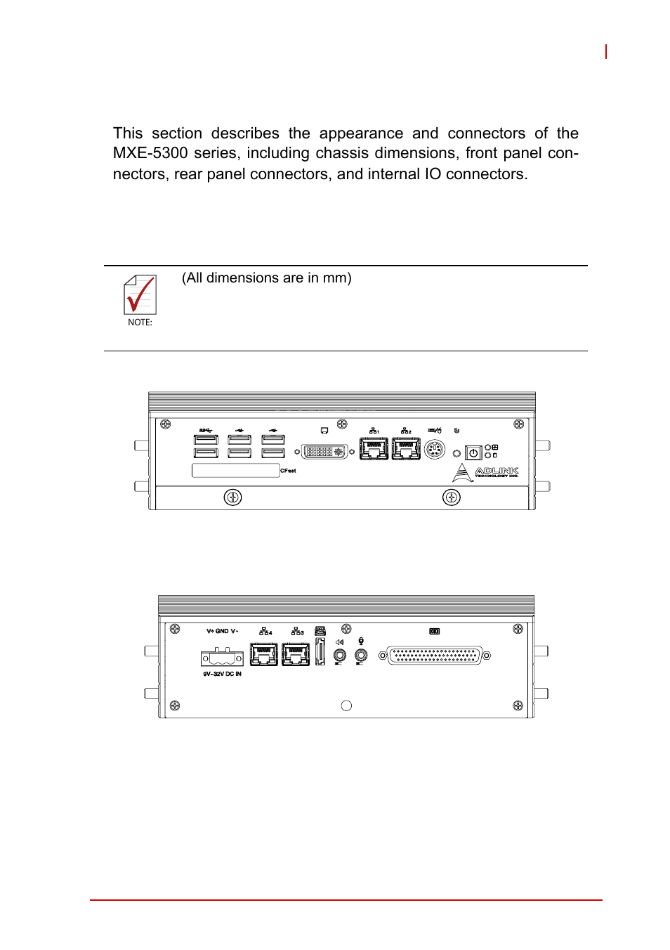 2 system description, 1 mechanical views, Mechanical views | 2system description | ADLINK MXE-5300 Series User Manual | Page 17 / 86
