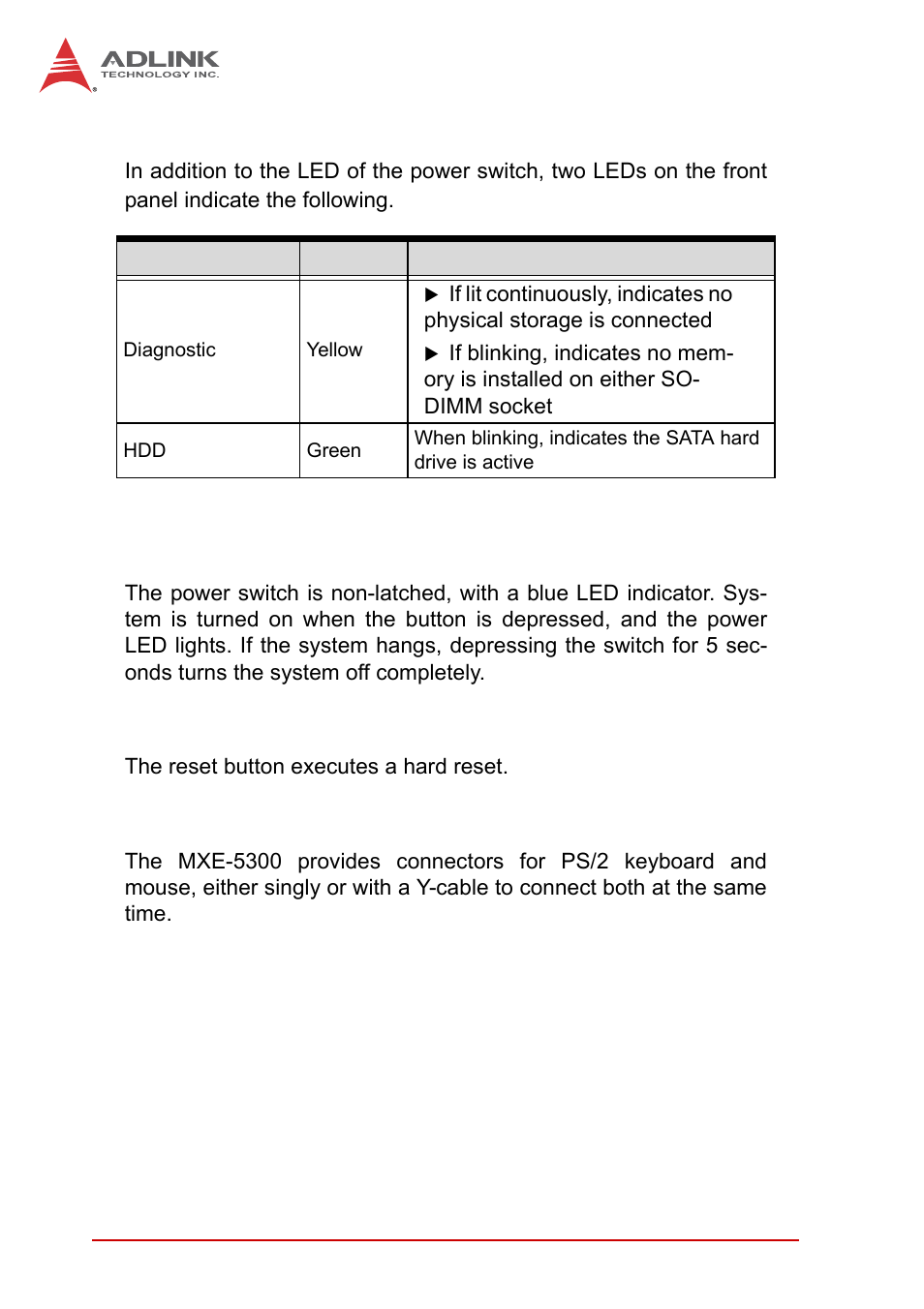 Table 2-2: led indicators | ADLINK MXE-5300 Series User Manual | Page 20 / 86