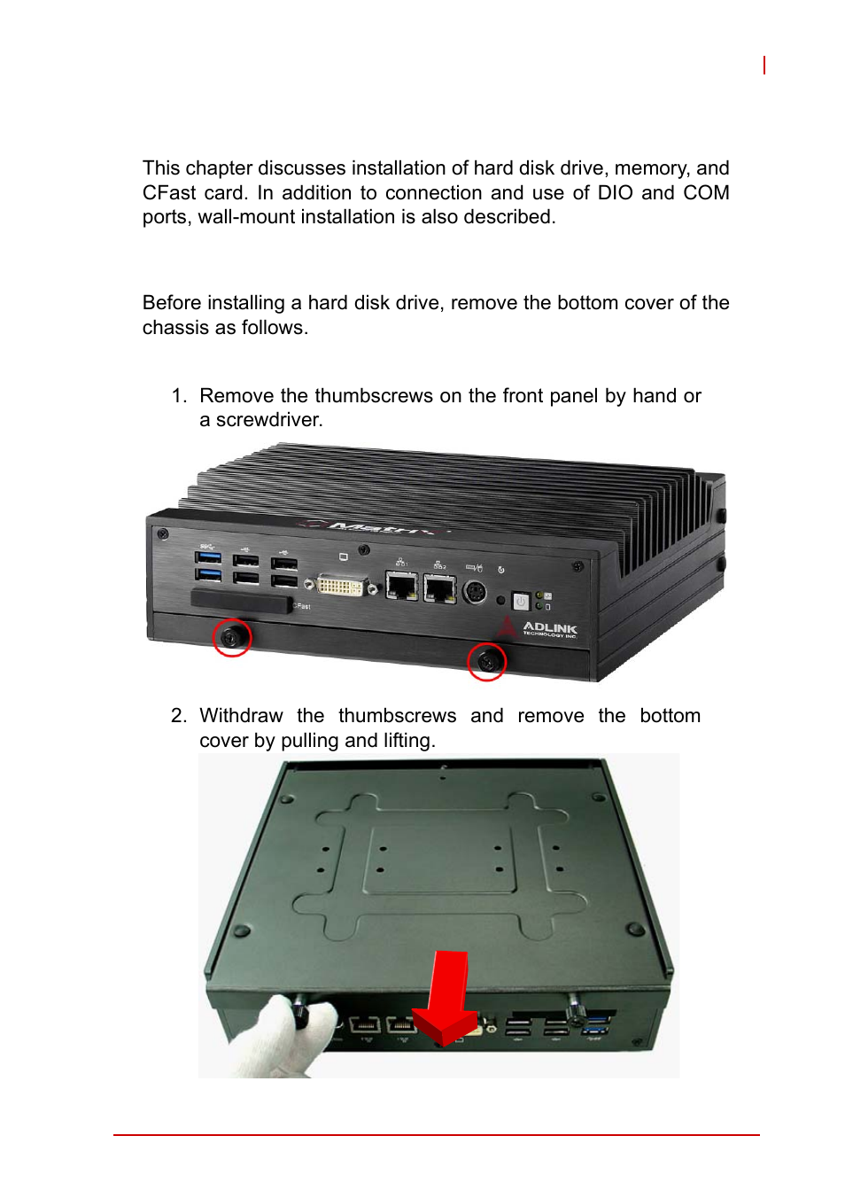 3 getting started, 1 installing a hard disk drive, Installing a hard disk drive | 3getting started | ADLINK MXE-5300 Series User Manual | Page 35 / 86