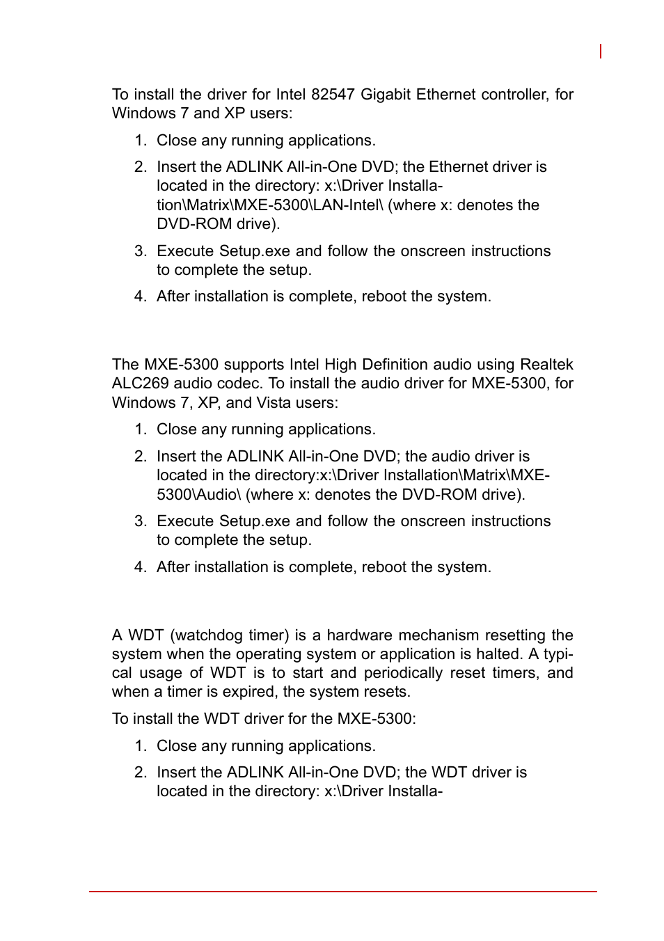 4 installing the audio driver, 5 installing the wdt driver, Installing the audio driver | Installing the wdt driver | ADLINK MXE-5300 Series User Manual | Page 53 / 86