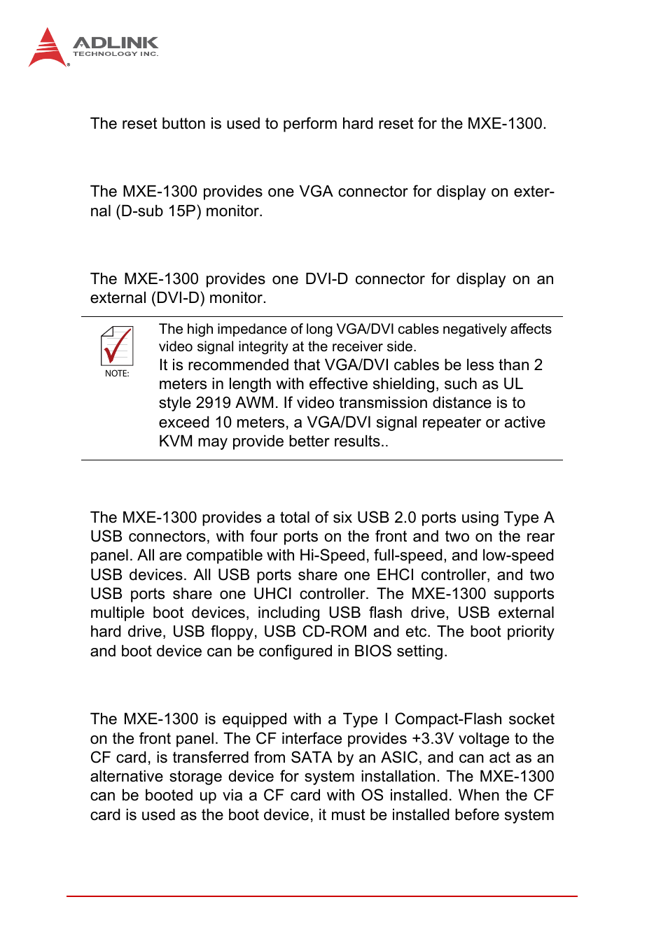 3 reset button, 4 vga connector, 5 dvi-d connector | 6 usb 2.0 connectors, 7 compact-flash port, Reset button, Vga connector, Dvi-d connector, Usb 2.0 connectors, Compact-flash port | ADLINK MXE-1300 Series User Manual | Page 22 / 80