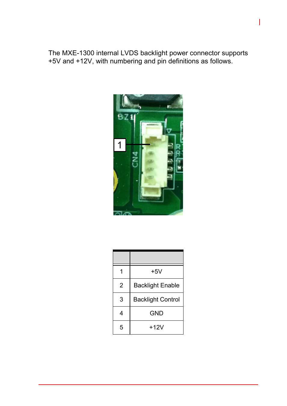 4 lvds backlight power connector (option), Lvds backlight power connector (option), Table 1-11 | Lvds backlight power connector pin definition, Figure 1-15, Lvds backlight power connector pin numbering | ADLINK MXE-1300 Series User Manual | Page 33 / 80