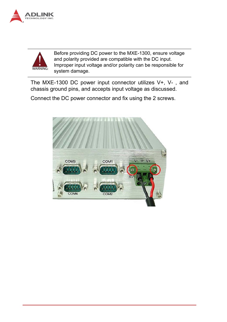 4 connecting dc power, Connecting dc power | ADLINK MXE-1300 Series User Manual | Page 46 / 80