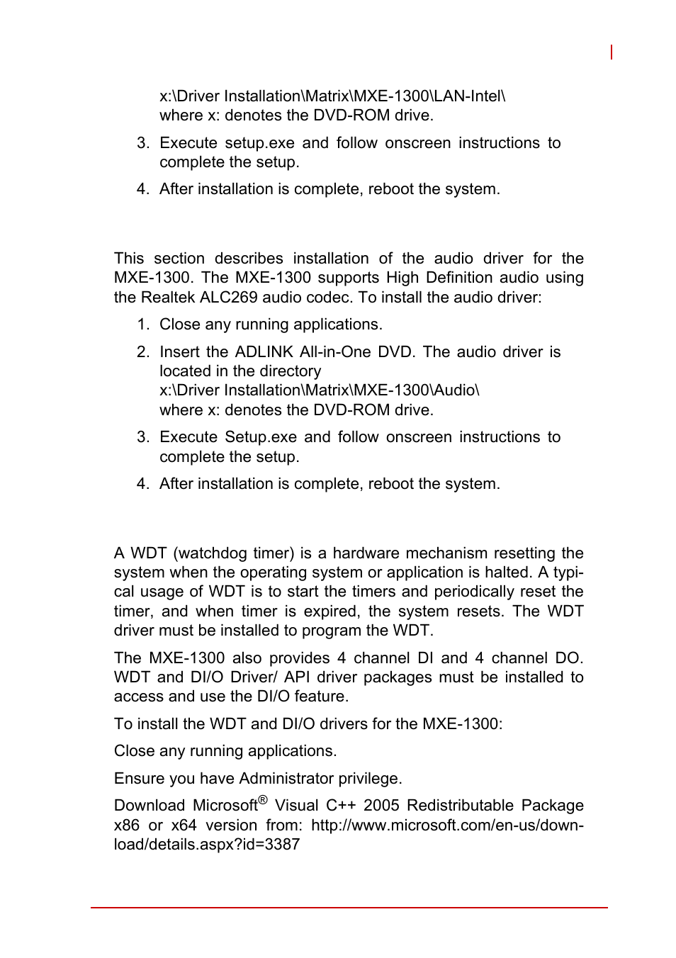 4 installing the audio driver, 5 installing the wdt and di/o drivers, Installing the audio driver | Installing the wdt and di/o drivers | ADLINK MXE-1300 Series User Manual | Page 53 / 80