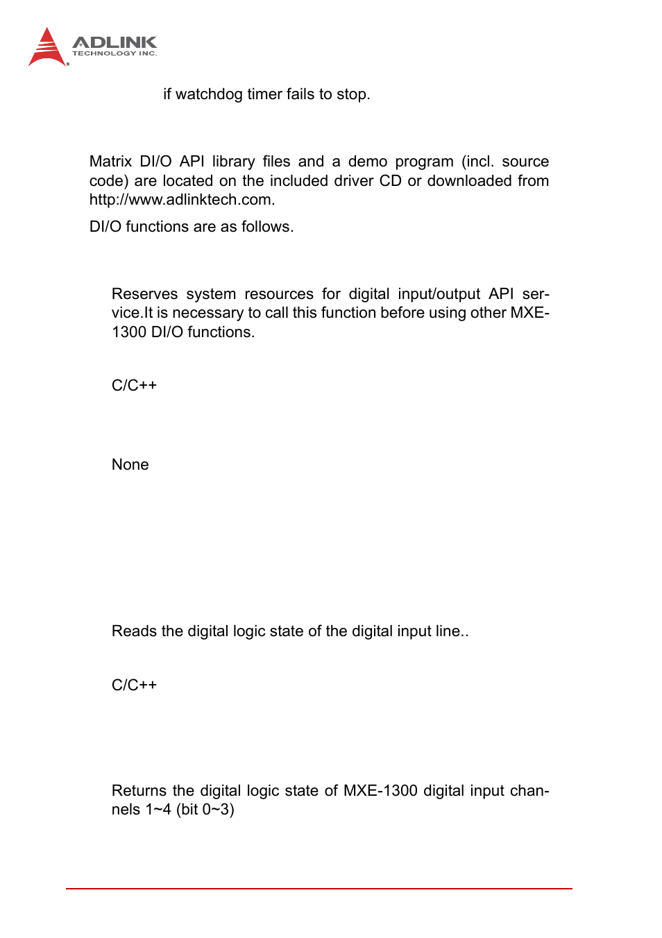 A.2 di/o with api/windows, Gpio_init, Gpi_read() | Di/o with api/windows, Gpio_init gpi_read() | ADLINK MXE-1300 Series User Manual | Page 58 / 80