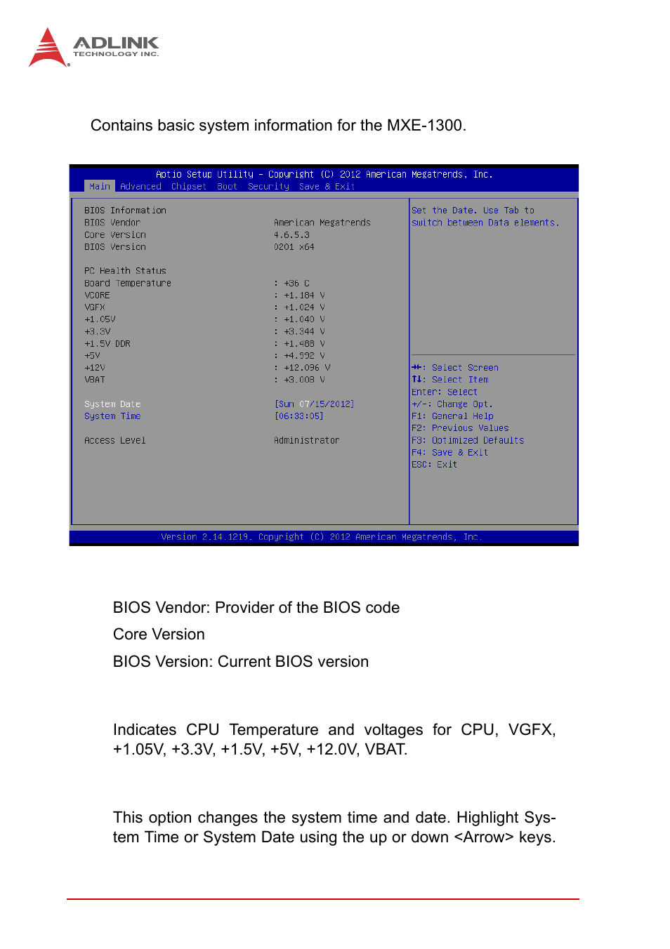 B.1 main, B.1.1 bios information, B.1.2 pc health status | B.1.3 system time/system date, Main, B.1.1, Bios information, B.1.2, Pc health status, B.1.3 | ADLINK MXE-1300 Series User Manual | Page 62 / 80