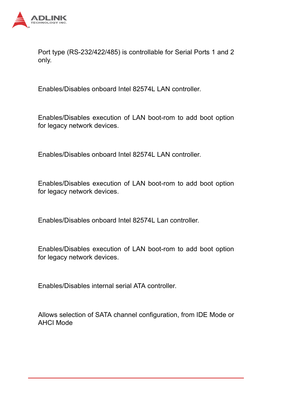 Serial port 1~4 configuration, Intel 82574l lan #1, Launch intel 82574 lan pxe oprom | Intel 82574l lan #2, Intel 82574l lan #3, Sata controller(s), Sata mode selection | ADLINK MXE-1300 Series User Manual | Page 66 / 80