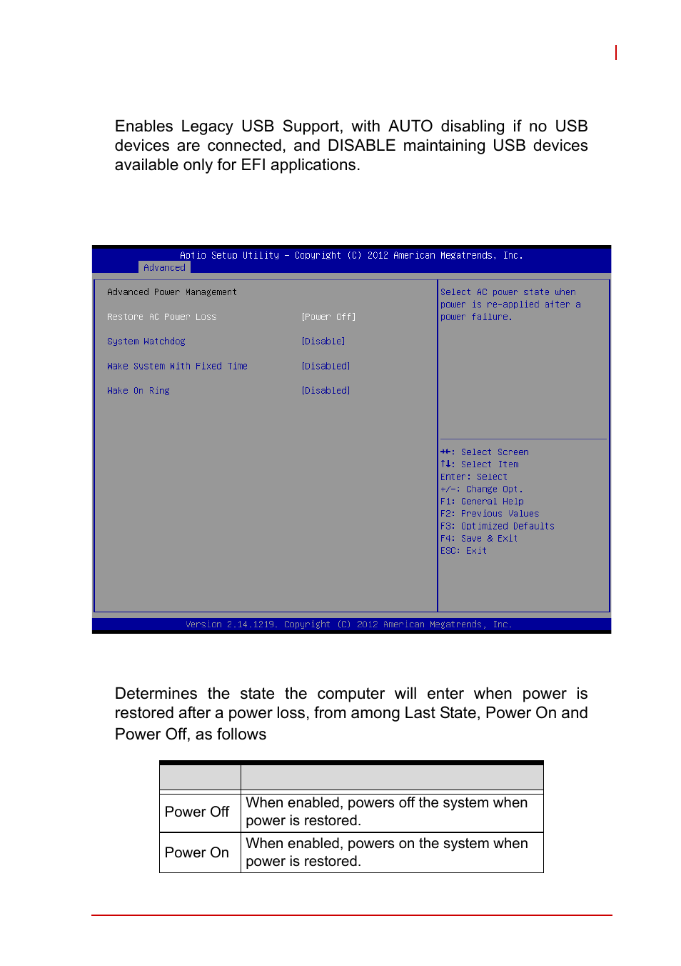 Legacy usb support, B.2.3 advanced power management, Restore ac power loss | B.2.3, Advanced power management | ADLINK MXE-1300 Series User Manual | Page 67 / 80