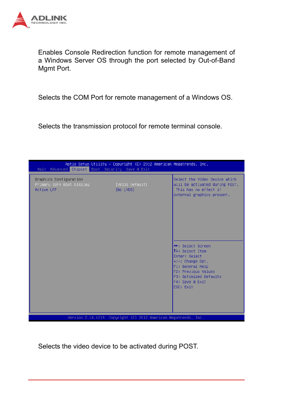 Console redirection, Out-of-band mgmt port, Terminal type | B.3 chipset, Primary igfx boot display, Out-of-band mgmt port terminal type, Chipset | ADLINK MXE-1300 Series User Manual | Page 70 / 80