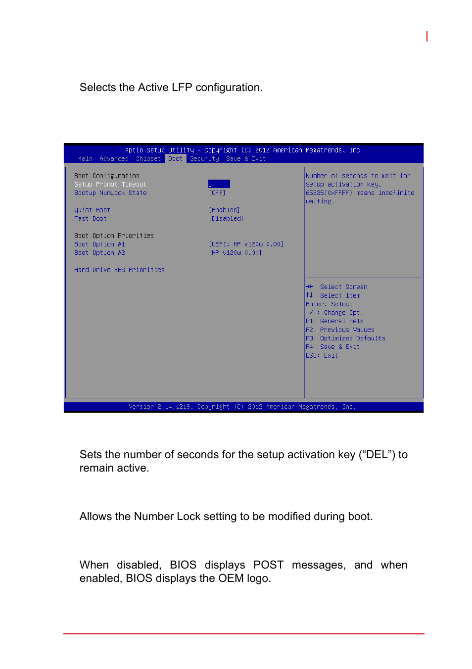 Active lfp, B.4 boot, Setup prompt timeout | Bootup num-lock state, Quiet boot, Boot | ADLINK MXE-1300 Series User Manual | Page 71 / 80