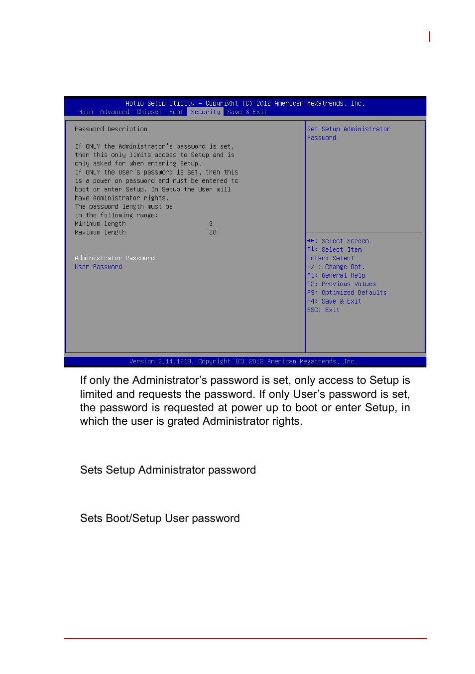 B.5 security, Administrator password, User password | Security, Administrator password user password | ADLINK MXE-1300 Series User Manual | Page 73 / 80