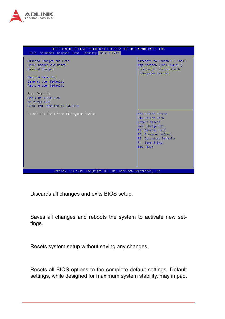 B.6 save & exit, Discard changes and exit, Save changes and reset | Discard changes, Restore defaults, Save & exit | ADLINK MXE-1300 Series User Manual | Page 74 / 80