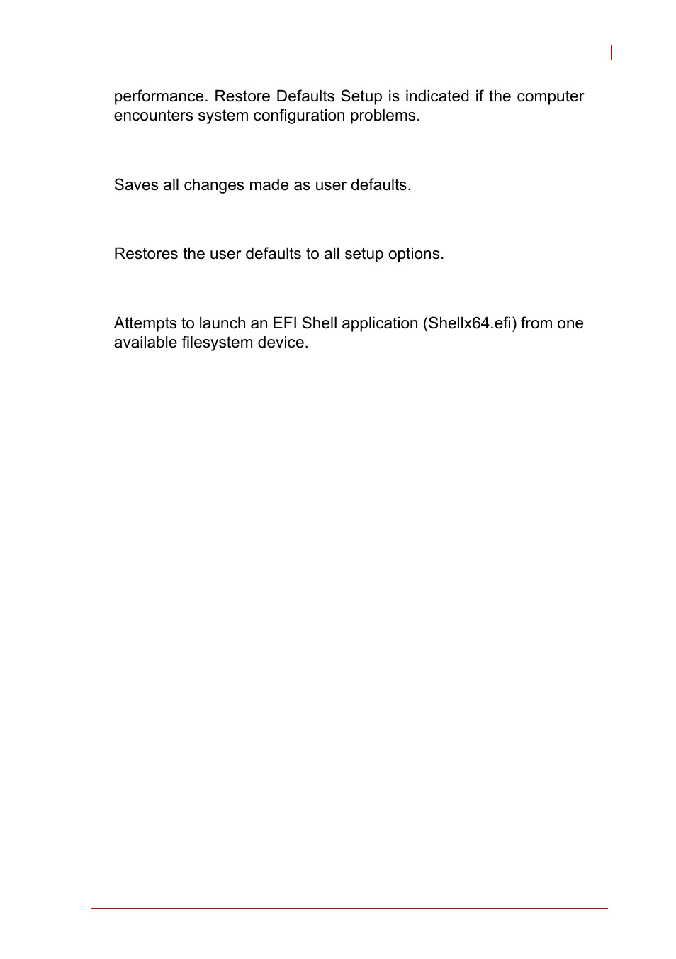 Save as user defaults, Restore user defaults, Launch efi shell from filesystem device | ADLINK MXE-1300 Series User Manual | Page 75 / 80