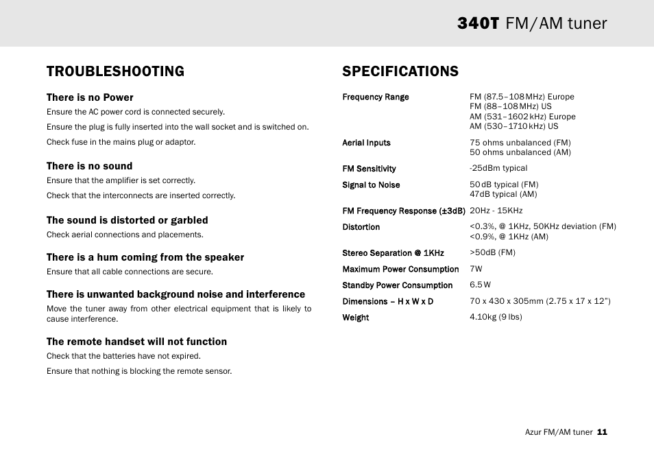 340t fm/am tuner, Troubleshooting specifications | Cambridge Audio Azur 340T User Manual | Page 10 / 12