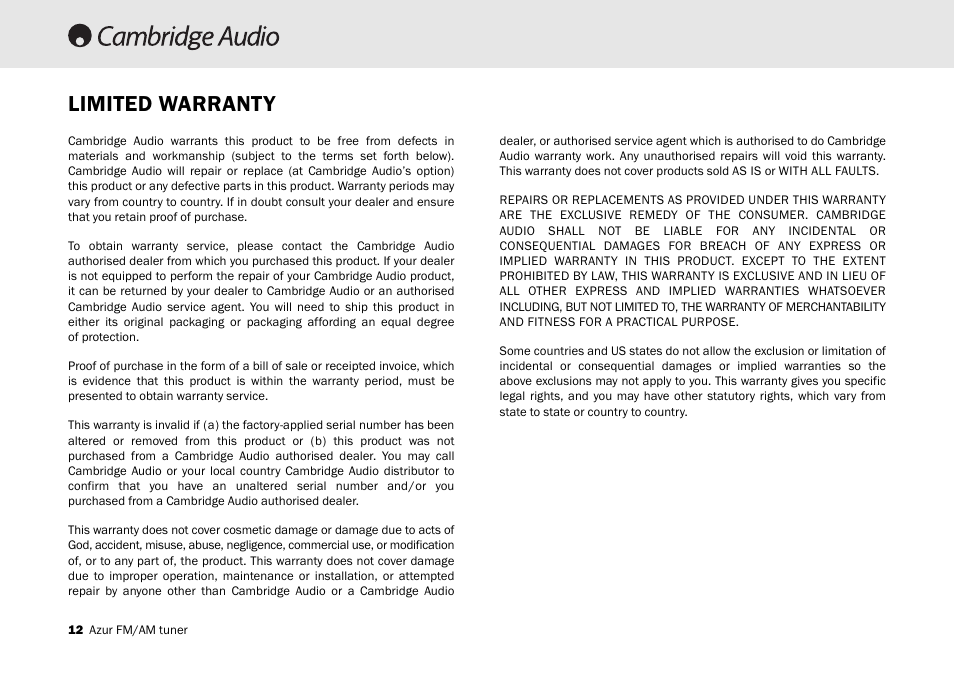 Limited warranty | Cambridge Audio Azur 340T User Manual | Page 11 / 12