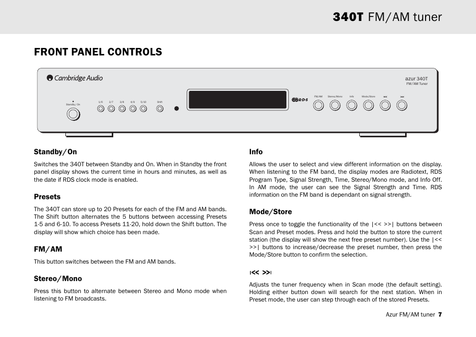 340t fm/am tuner, Front panel controls, Standby/on | Presets, Fm/am, Stereo/mono, Info, Mode/store | Cambridge Audio Azur 340T User Manual | Page 6 / 12