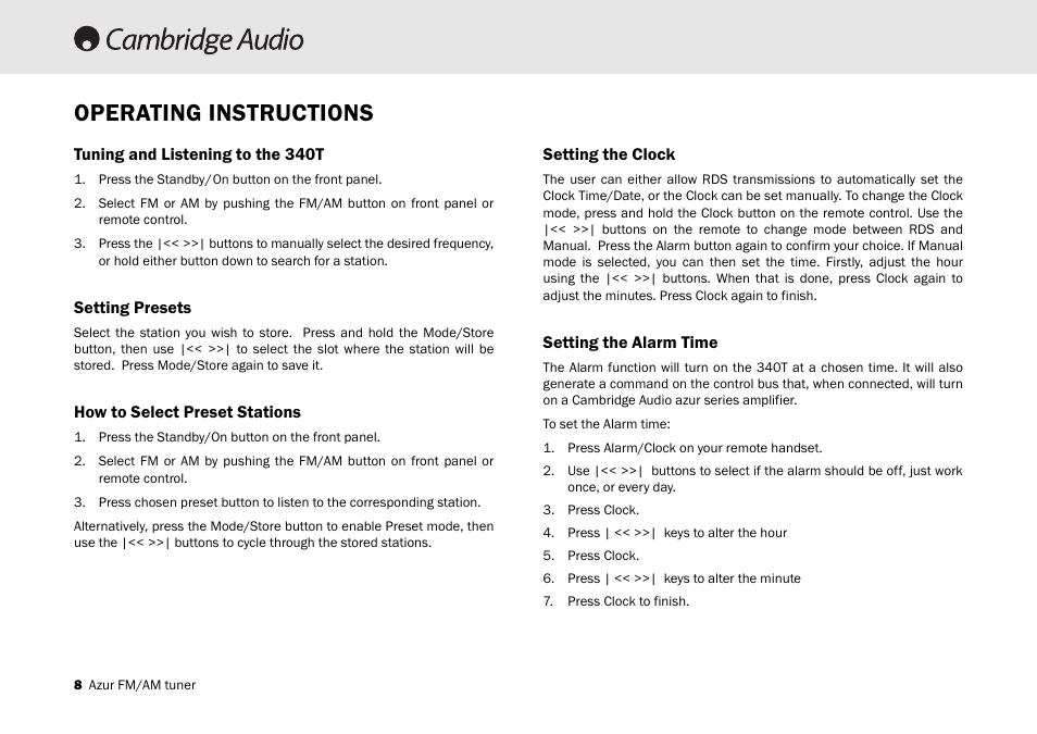 Operating instructions | Cambridge Audio Azur 340T User Manual | Page 7 / 12