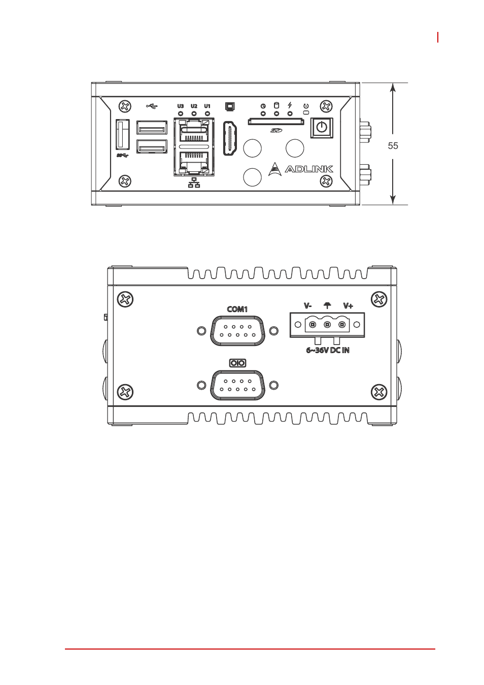 Figure 1-3, Front view, Figure 1-4 | Right) side view | ADLINK MXE-200i User Manual | Page 21 / 82