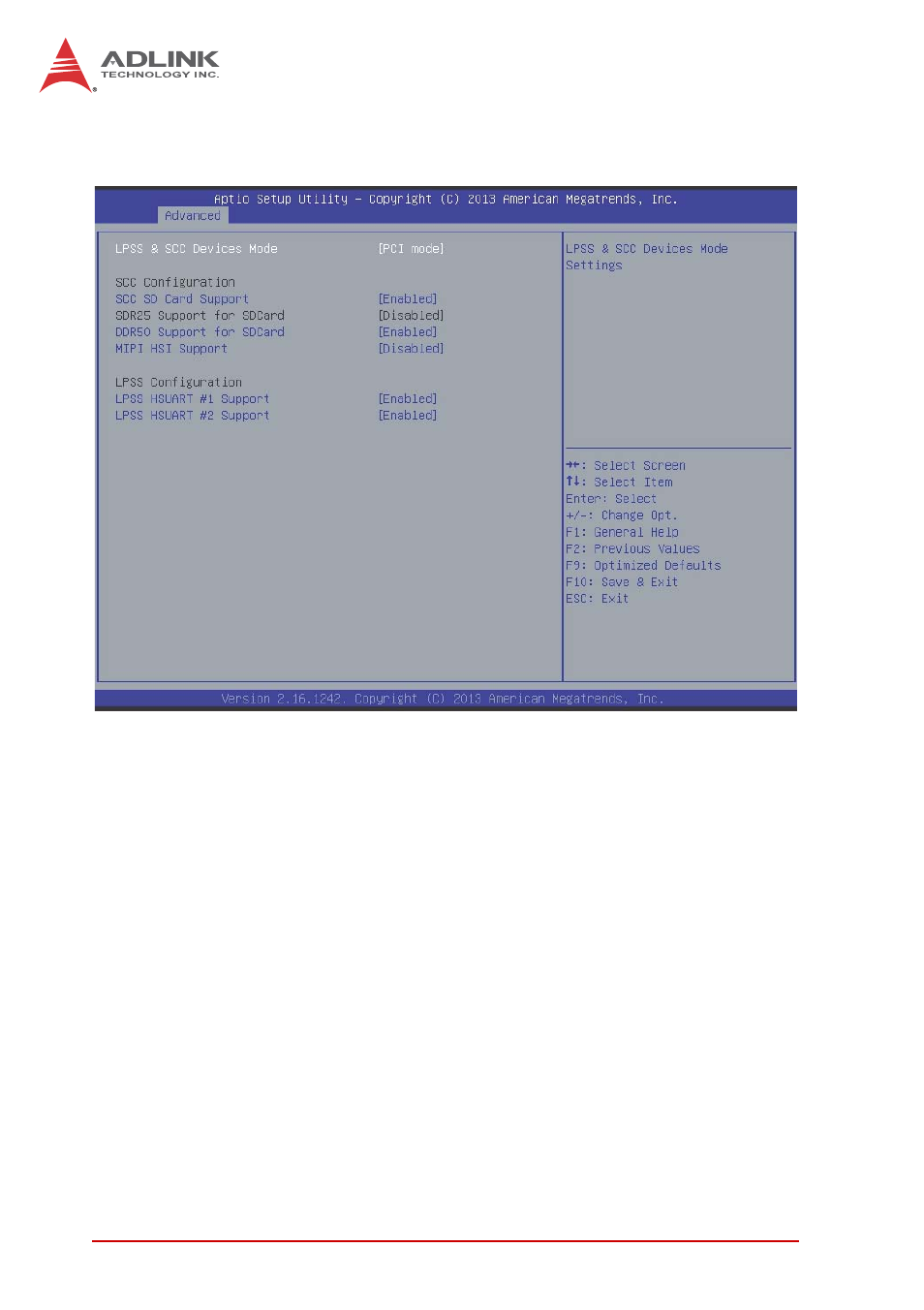 B.2.6 baytrail feature configuration, Lpss & scc devices mode, Scc sd card support | Ddr50 support for sd card, Mipi hsi support, Lpss hsuart # support, B.2.6, Baytrail feature configuration | ADLINK MXE-200i User Manual | Page 68 / 82
