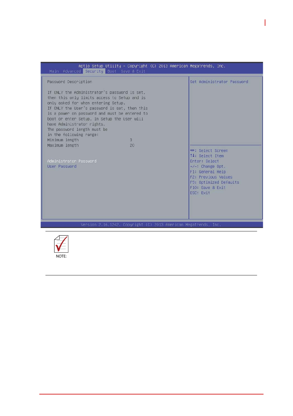 B.3 security, Administrator password, User password | Security | ADLINK MXE-200i User Manual | Page 73 / 82