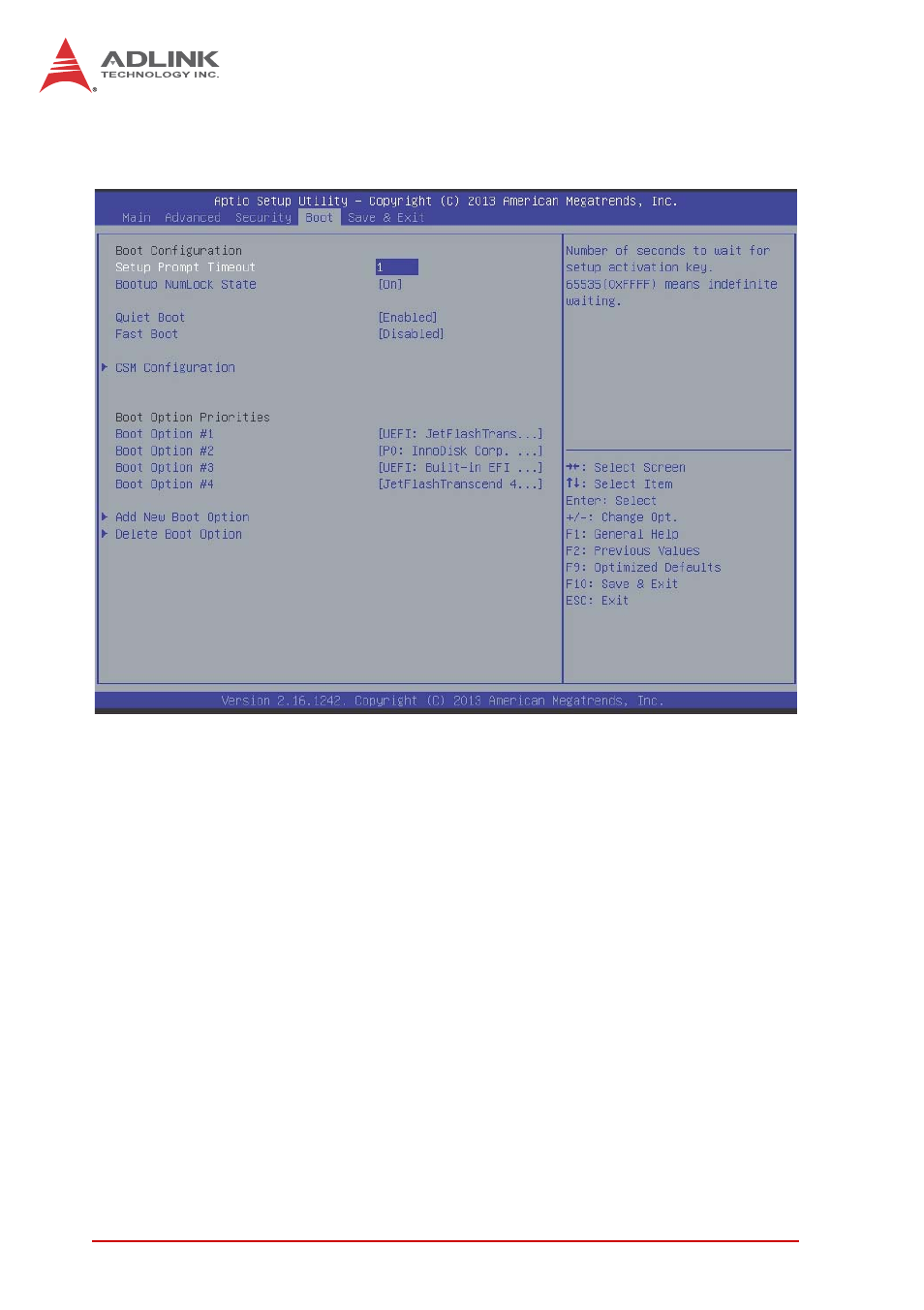 B.4 boot, Setup prompt timeout, Bootup num-lock state | Quiet boot, Fast boot, Boot | ADLINK MXE-200i User Manual | Page 74 / 82