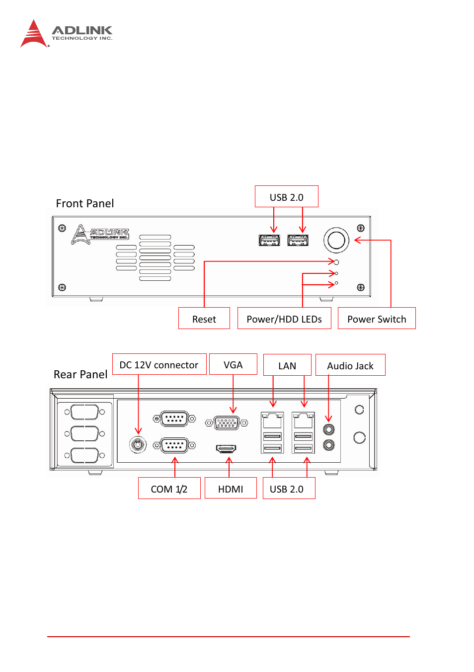 2 chassis layout, Front and rear panels, Chassis layout | Figure 2-1: mix-110 front/rear panel | ADLINK MIX-110 User Manual | Page 20 / 52