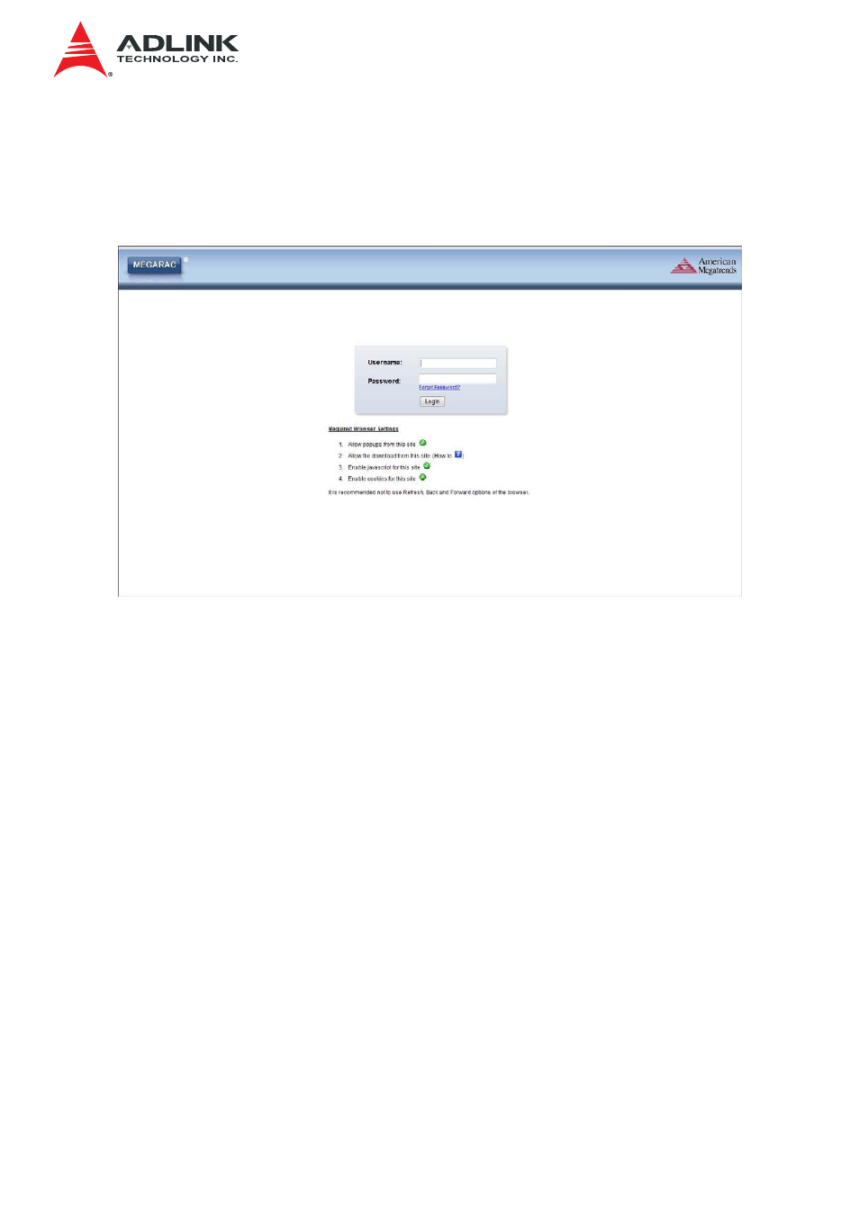 1 required browser settings, User name and password, Required browser settings | 2 user name and password | ADLINK IMB-S90 User Manual | Page 14 / 192