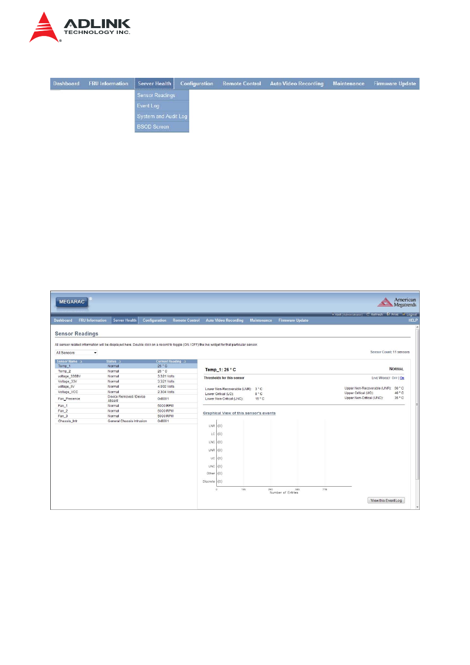 1 sensor readings, 1 sensor type (drop down menu), Sensor readings | ADLINK IMB-S90 User Manual | Page 21 / 192