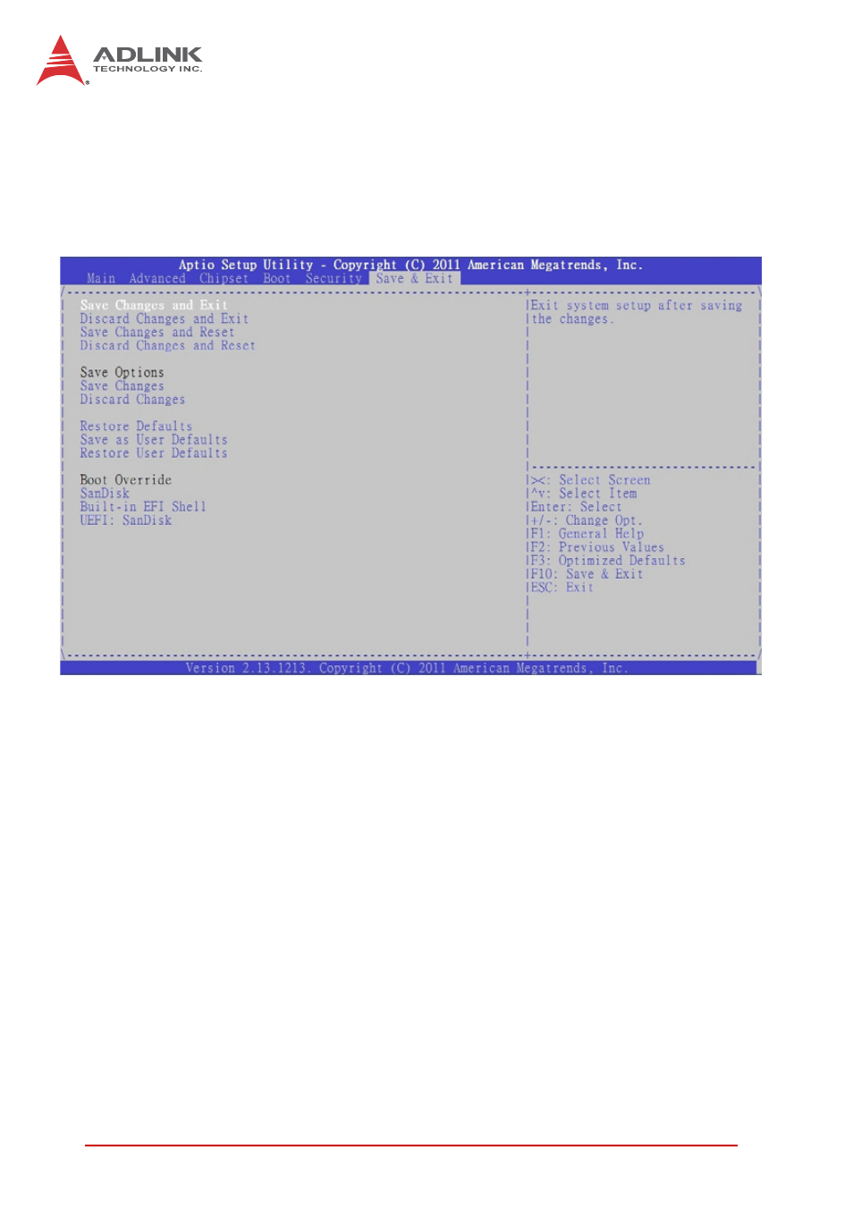 A.7 exit menu, Save changes and exit, Exit menu | ADLINK NuPRO-E72 User Manual | Page 80 / 98