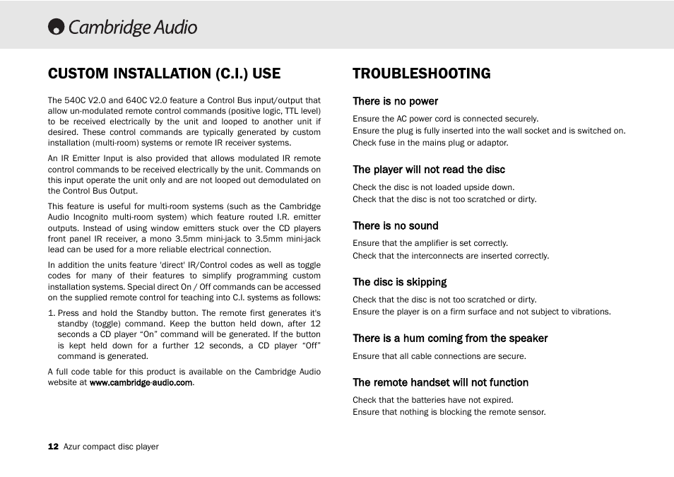 Troubleshooting, Custom installation (c.i.) use | Cambridge Audio 540C User Manual | Page 12 / 116