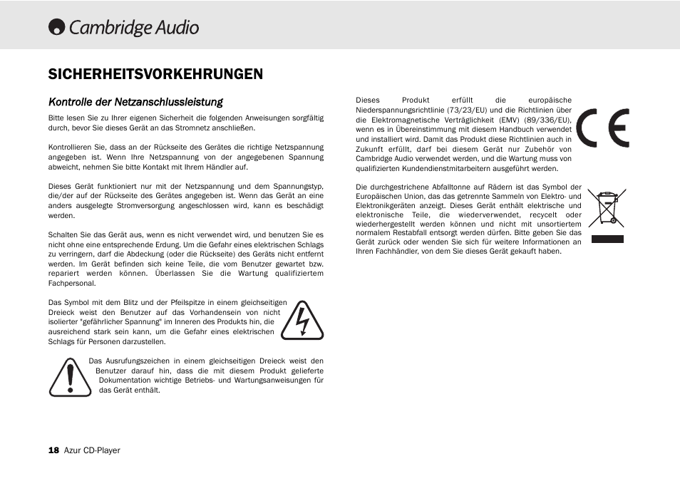 Sicherheitsvorkehrungen, Kontrolle der netzanschlussleistung | Cambridge Audio 540C User Manual | Page 18 / 116