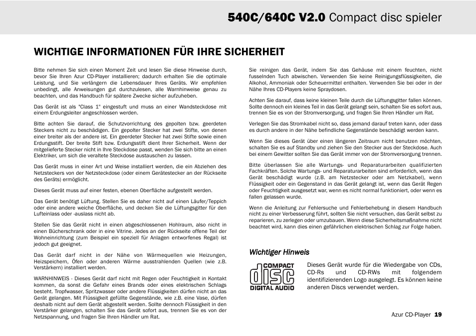 Wichtige informationen für ihre sicherheit | Cambridge Audio 540C User Manual | Page 19 / 116