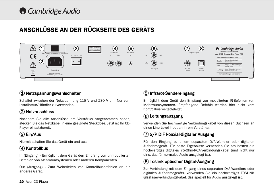 Anschlüsse an der rückseite des geräts, Netzspannungswahlschalter, Netzanschluss | Ein/aus, Kontrollbus, Infrarot-s sendereingang, Leitungsausgang, S/p dif koaxial-ddigitaler ausgang, Toslink optischer digital-aausgang | Cambridge Audio 540C User Manual | Page 20 / 116