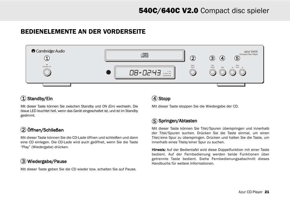 Bedienelemente an der vorderseite | Cambridge Audio 540C User Manual | Page 21 / 116