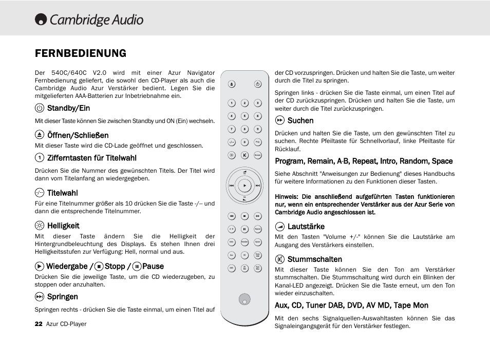 Fernbedienung, Standby/ein, Öffnen/schließen | Zifferntasten für titelwahl, Titelwahl, Helligkeit, Wiedergabe / stopp / pause, Springen, Suchen, Lautstärke | Cambridge Audio 540C User Manual | Page 22 / 116