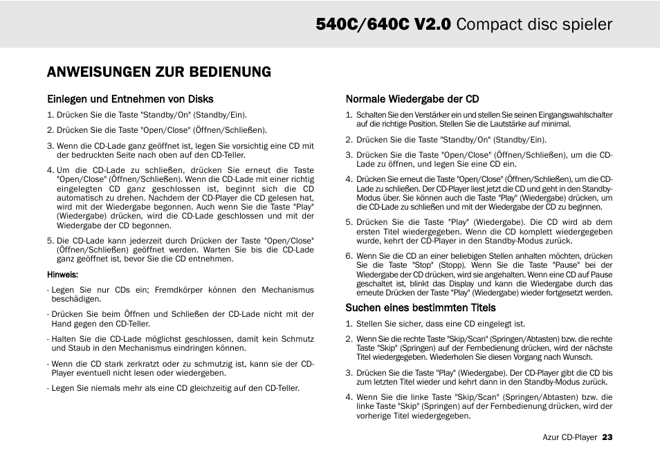 Anweisungen zur bedienung | Cambridge Audio 540C User Manual | Page 23 / 116