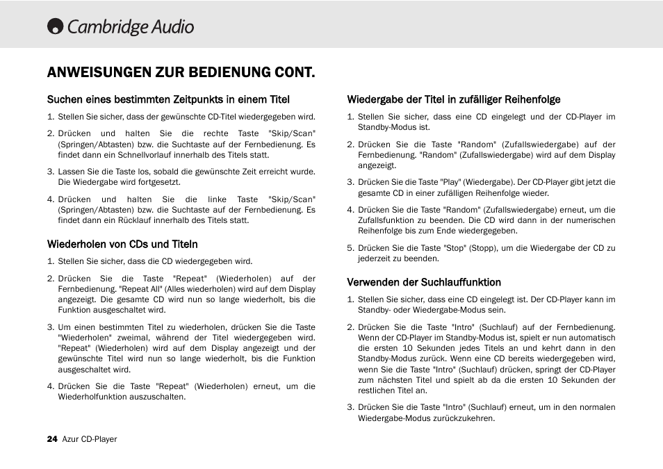 Anweisungen zur bedienung cont | Cambridge Audio 540C User Manual | Page 24 / 116