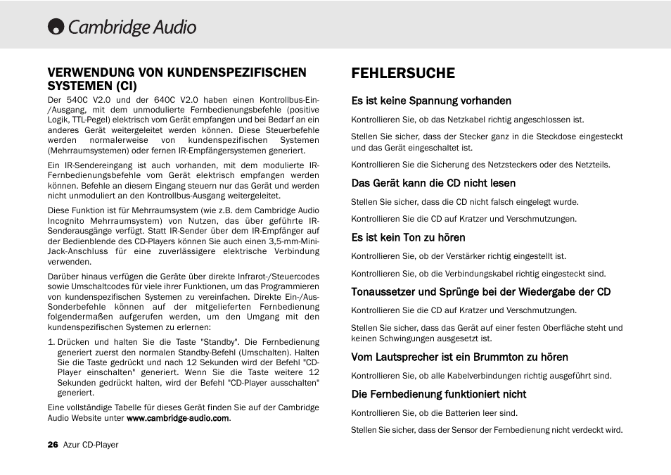 Fehlersuche, Verwendung von kundenspezifischen systemen (ci) | Cambridge Audio 540C User Manual | Page 26 / 116