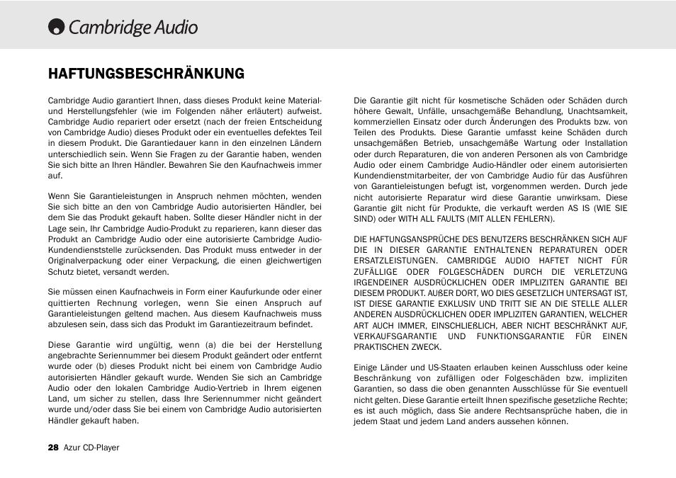 Haftungsbeschränkung | Cambridge Audio 540C User Manual | Page 28 / 116