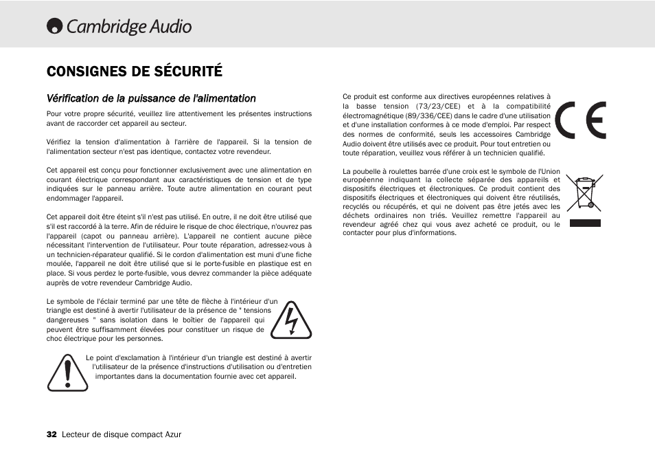 Consignes de sécurité, Vérification de la puissance de l'alimentation | Cambridge Audio 540C User Manual | Page 32 / 116