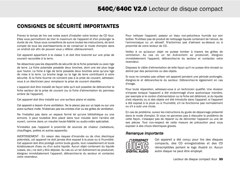 Consignes de sécurité importantes | Cambridge Audio 540C User Manual | Page 33 / 116