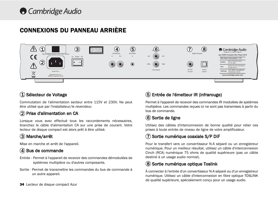 Connexions du panneau arrière, Sélecteur de voltage, Prise d'alimentation en ca | Marche/arrêt, Bus de commande, Entrée de l'émetteur ir (infrarouge), Sortie de ligne, Sortie numérique coaxiale s/p dif, Sortie numérique optique toslink | Cambridge Audio 540C User Manual | Page 34 / 116