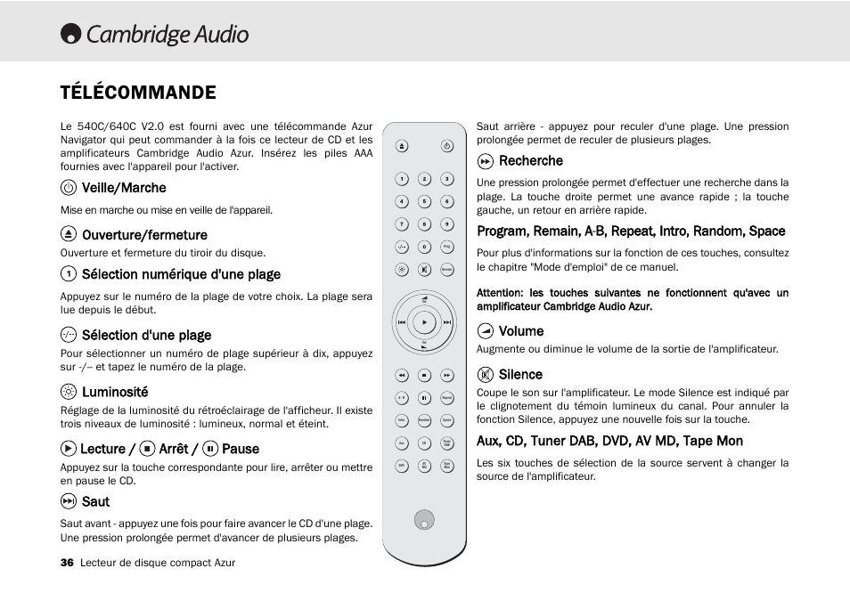 Télécommande, Veille/marche, Ouverture/fermeture | Sélection numérique d'une plage, Sélection d'une plage, Luminosité, Lecture / arrêt / pause, Saut, Recherche, Volume | Cambridge Audio 540C User Manual | Page 36 / 116