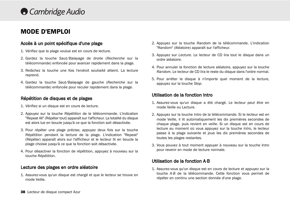 Mode d'emploi | Cambridge Audio 540C User Manual | Page 38 / 116