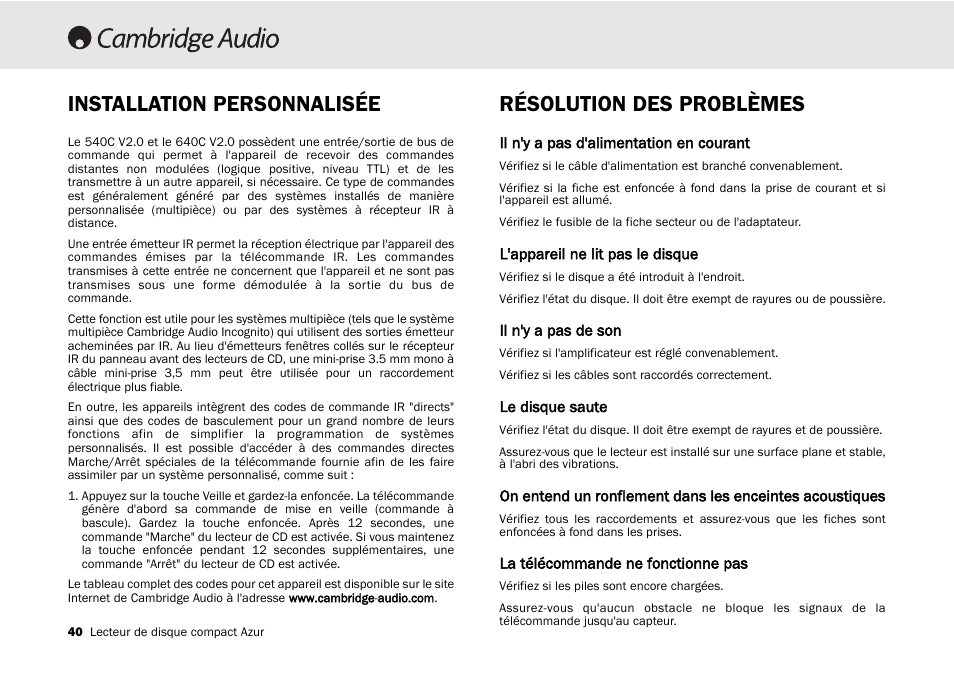 Résolution des problèmes, Installation personnalisée | Cambridge Audio 540C User Manual | Page 40 / 116