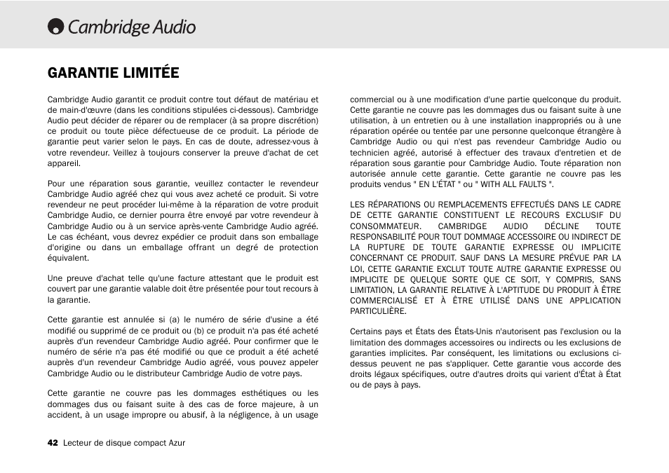 Garantie limitée | Cambridge Audio 540C User Manual | Page 42 / 116
